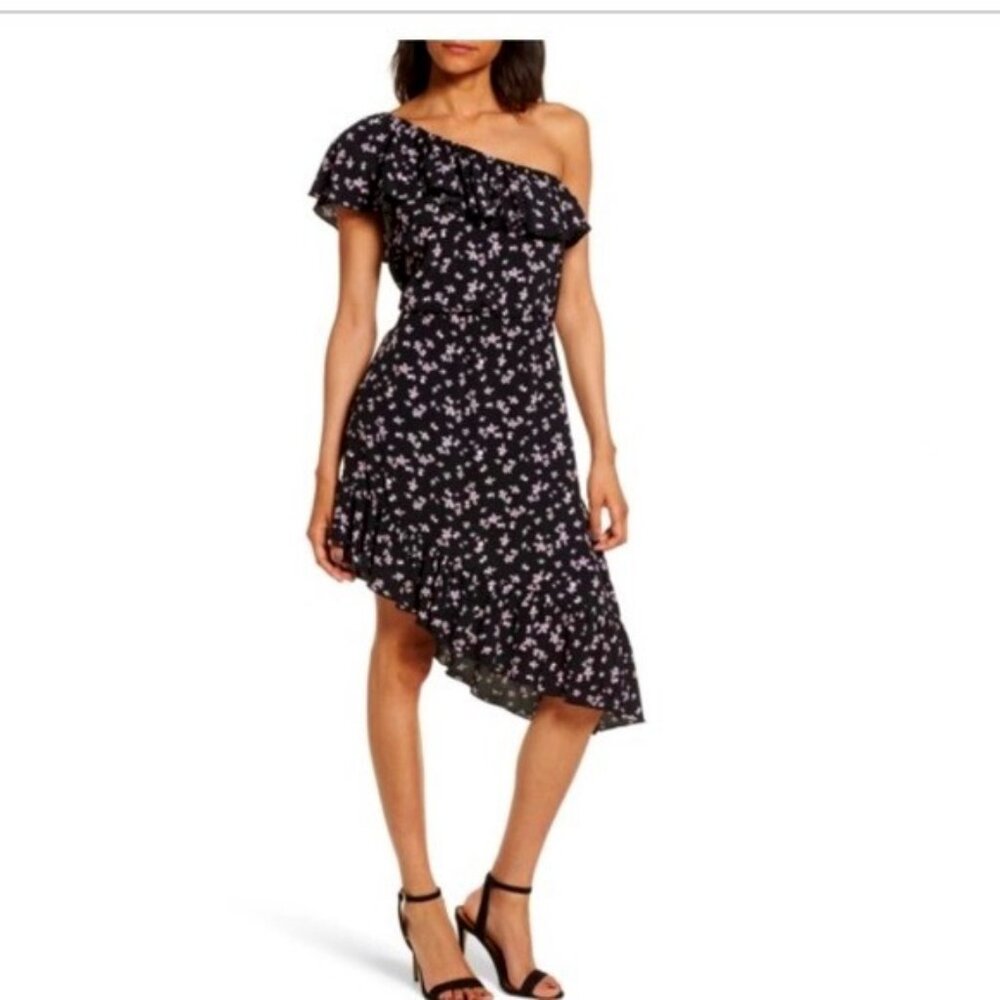 New LEITH Ruffled One-shoulder Asymmetrical Hem Midi Dress Black Ditsy Print SM